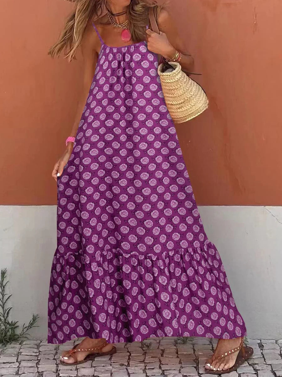 Boho Print Maxi Dress - Sleeveless Spaghetti Strap Summer Sundress