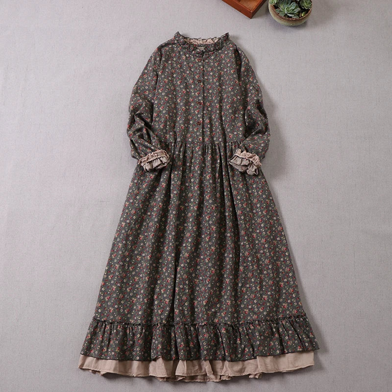 Japanese Mori Girl Vintage Floral Print Cotton Dress - Long Sleeve A-Line Spring Autumn Dress