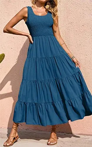 Elegant Sleeveless Summer Long Dress - Solid Colour Elastic Waist Beach Party Dress