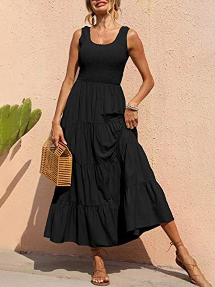 Elegant Sleeveless Summer Long Dress - Solid Colour Elastic Waist Beach Party Dress