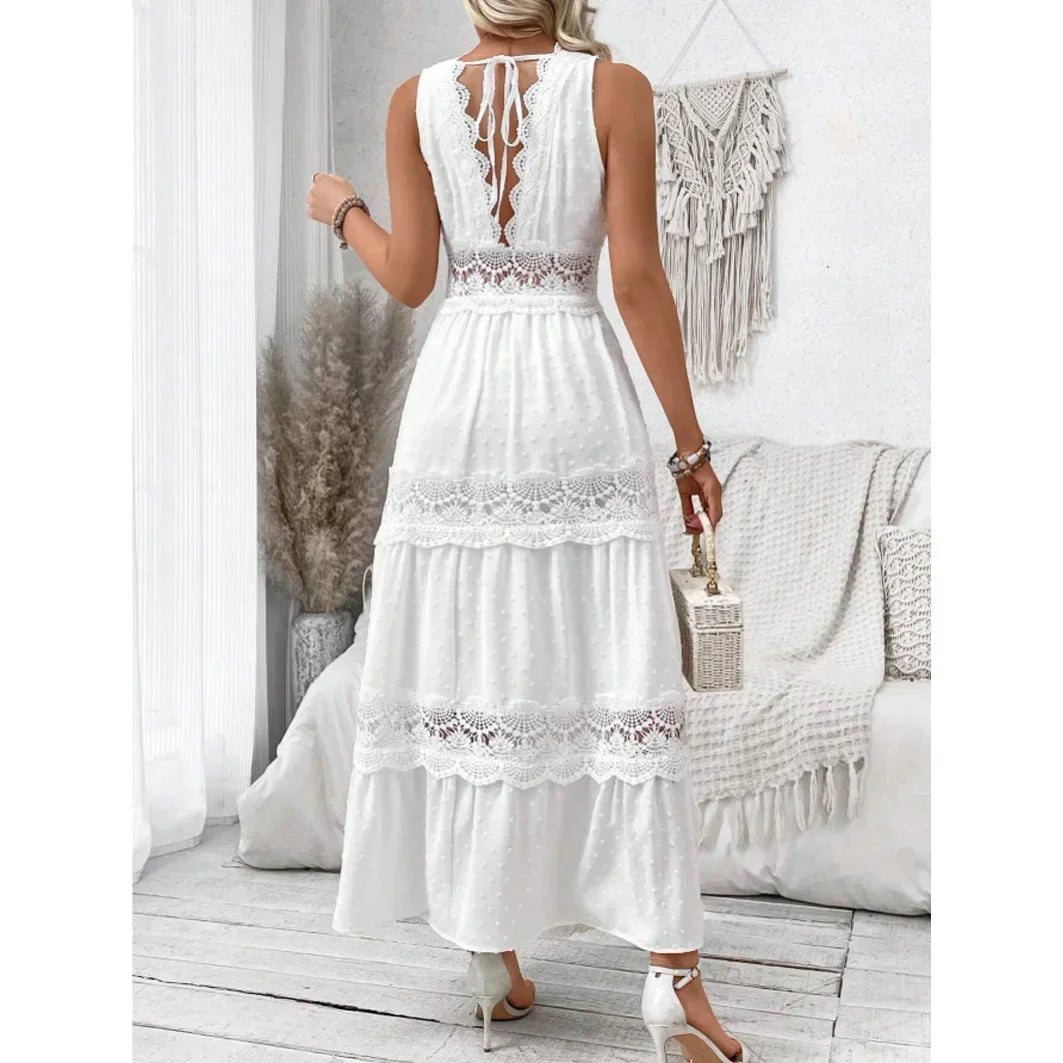 Women's White Lace V-Neck Sleeveless Dress - High Waist Ankle Length Long Dress