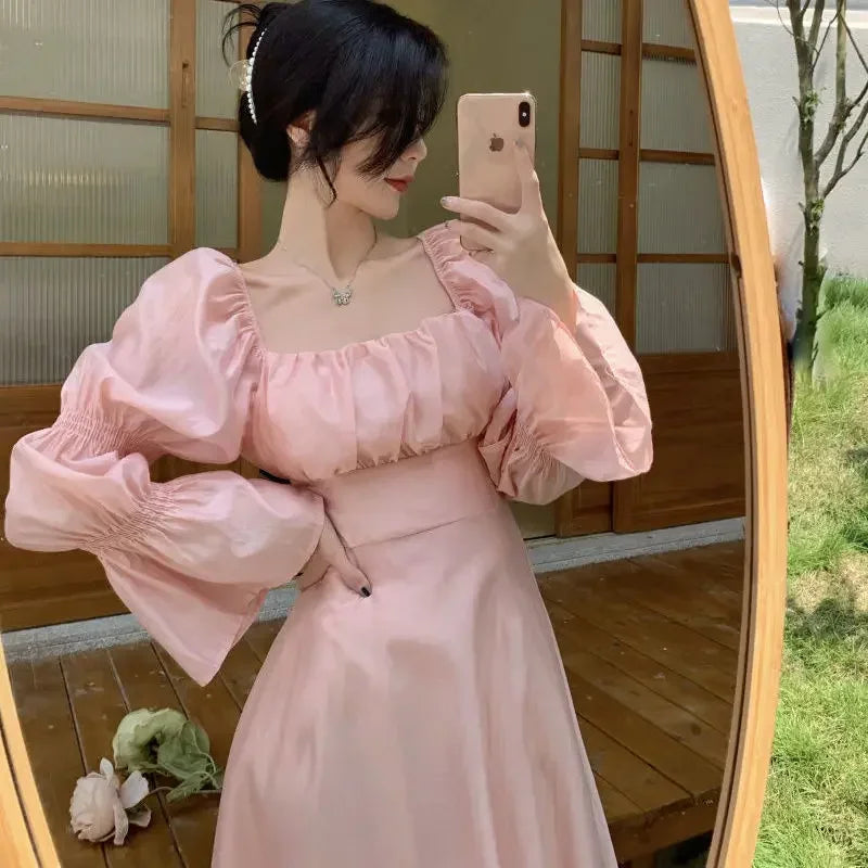 Sweet Back Puff Sleeve Dress - Pink Bandage Chiffon Dress