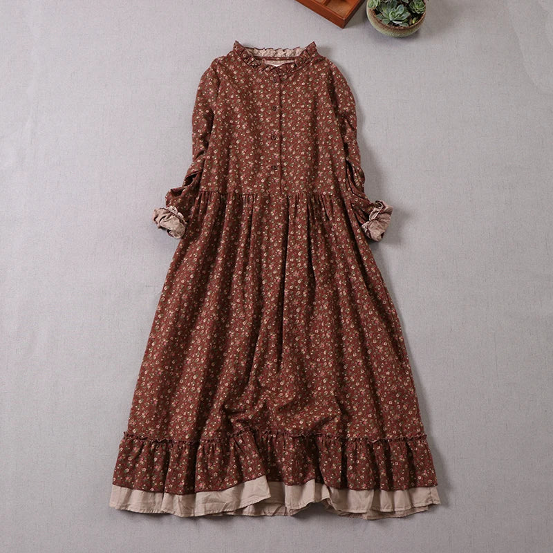 Japanese Mori Girl Vintage Floral Print Cotton Dress - Long Sleeve A-Line Spring Autumn Dress