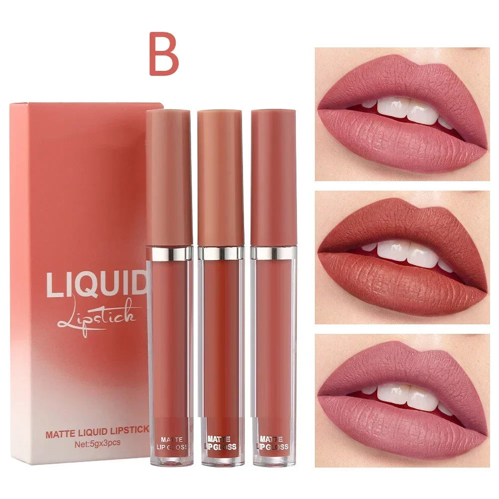 3-Piece Velvet Matte Liquid Lipstick Set - Waterproof Long-Wear