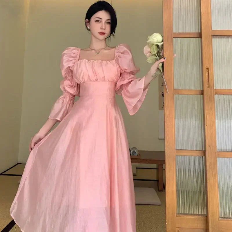 Sweet Back Puff Sleeve Dress - Pink Bandage Chiffon Dress