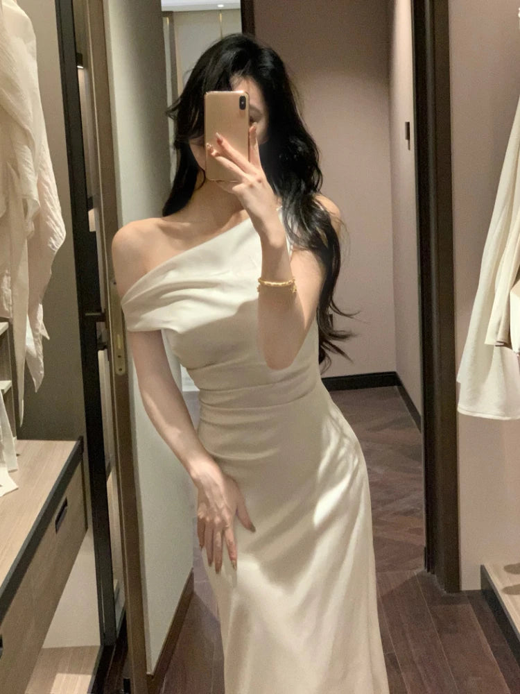 French Summer Slim Dress - Elegant Sleeveless One Shoulder Evening Party Dress