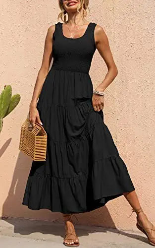 Elegant Sleeveless Summer Long Dress - Solid Colour Elastic Waist Beach Party Dress