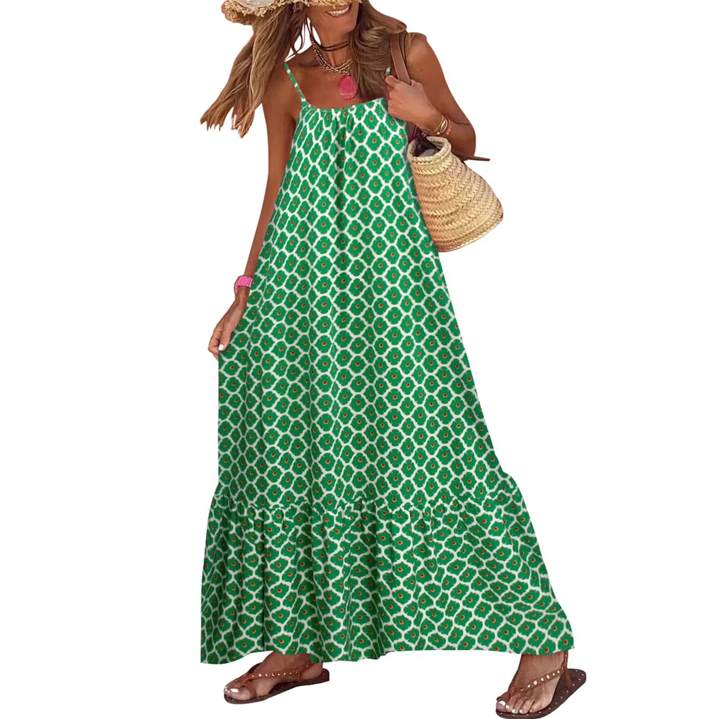 Boho Print Maxi Dress - Sleeveless Spaghetti Strap Summer Sundress