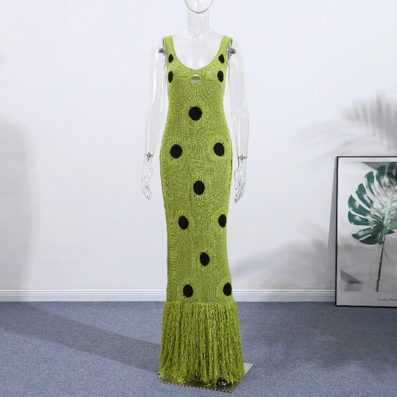Knitted Maxi Dress - See-Through Design with Tassel Hem