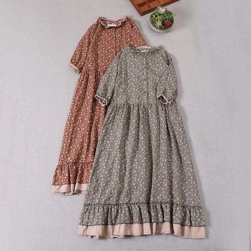 Japanese Mori Girl Vintage Floral Print Cotton Dress - Long Sleeve A-Line Spring Autumn Dress