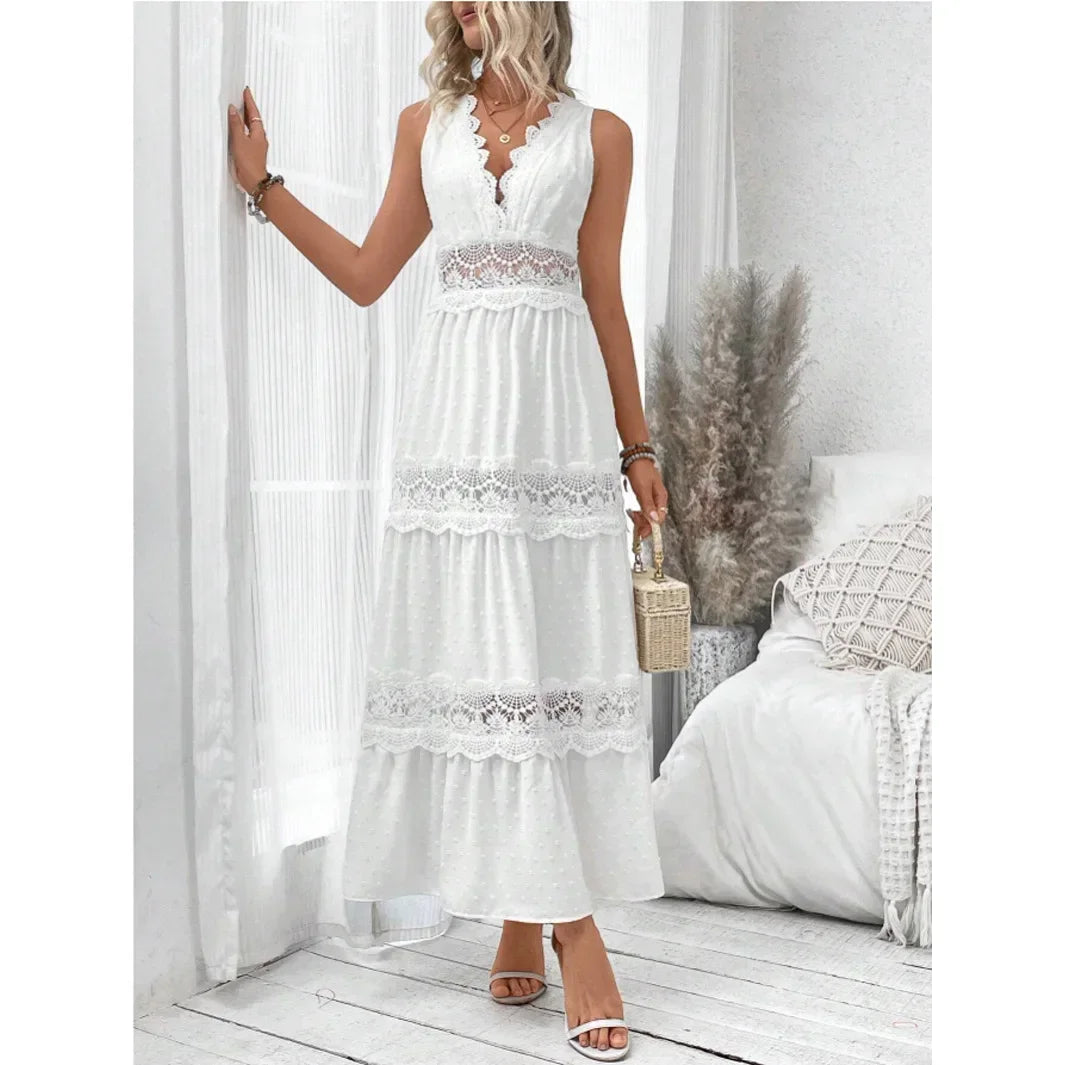 Women's White Lace V-Neck Sleeveless Dress - High Waist Ankle Length Long Dress