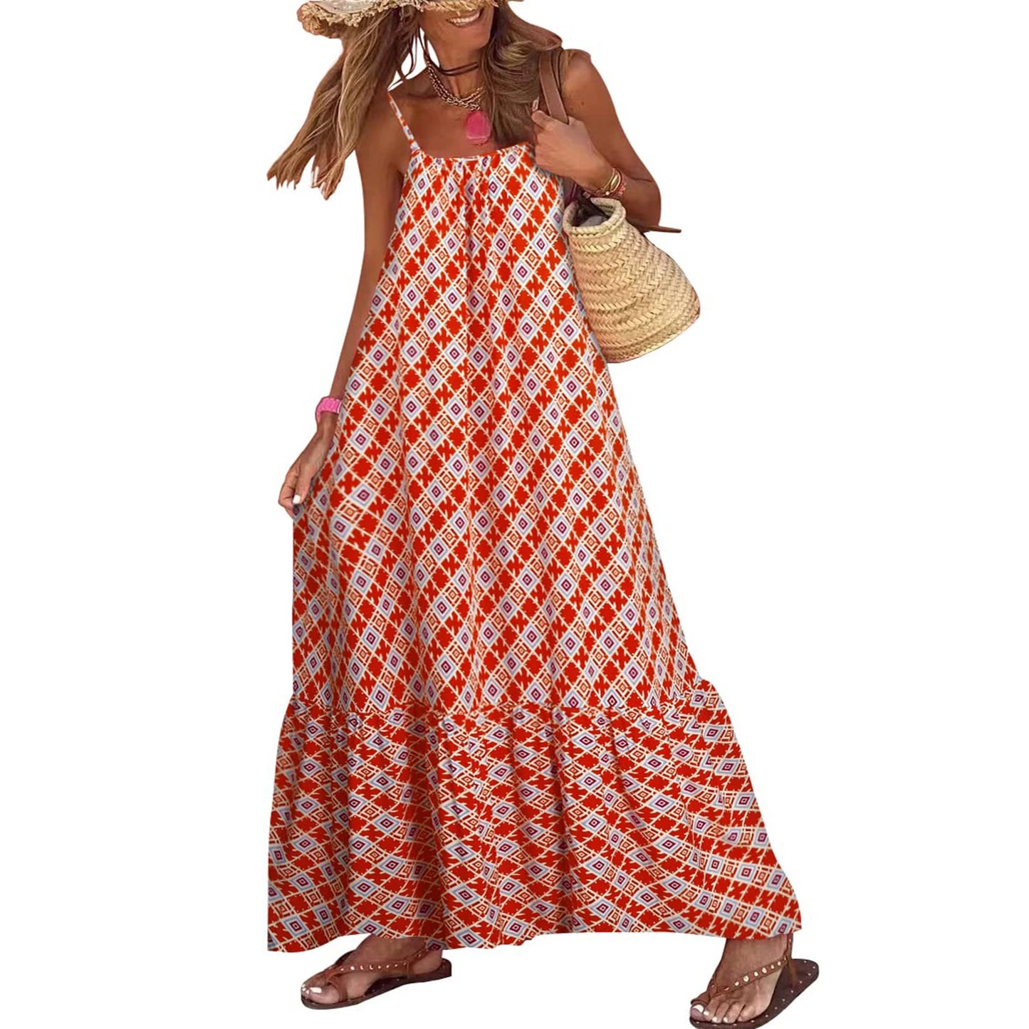 Boho Print Maxi Dress - Sleeveless Spaghetti Strap Summer Sundress