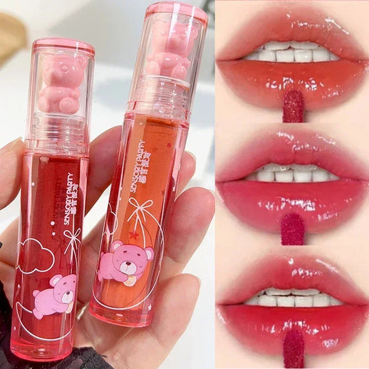 Cute Bear Lip Gloss Crystal Jelly Mirror Waterproof Liquid Lipstick Moisturizing Reducing Lip Lines Long Lasting Lip Ink Makeup