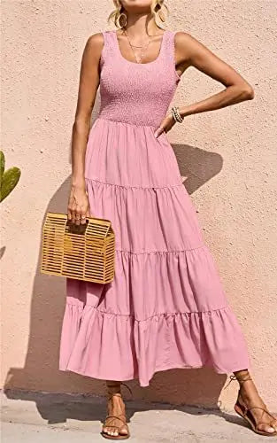 Elegant Sleeveless Summer Long Dress - Solid Colour Elastic Waist Beach Party Dress
