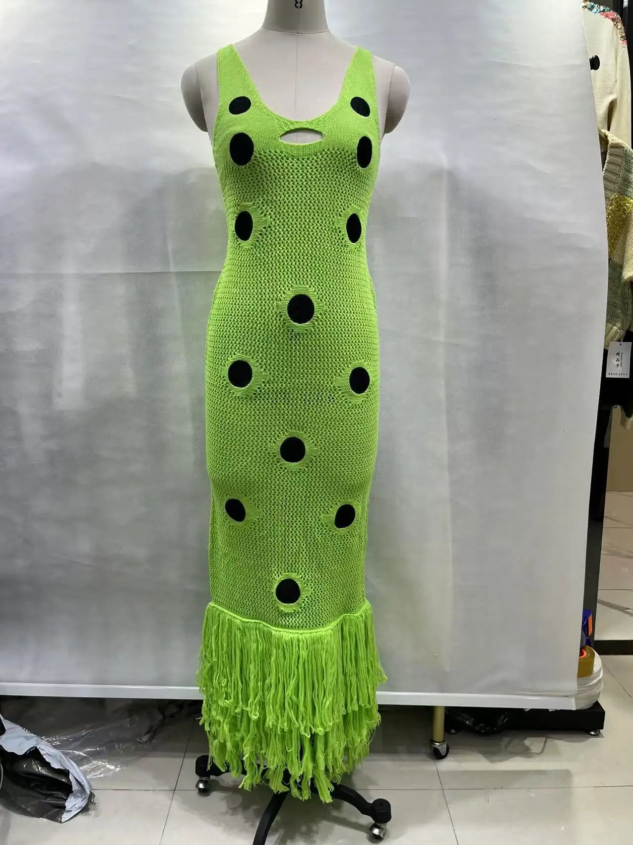 Knitted Maxi Dress - See-Through Design with Tassel Hem