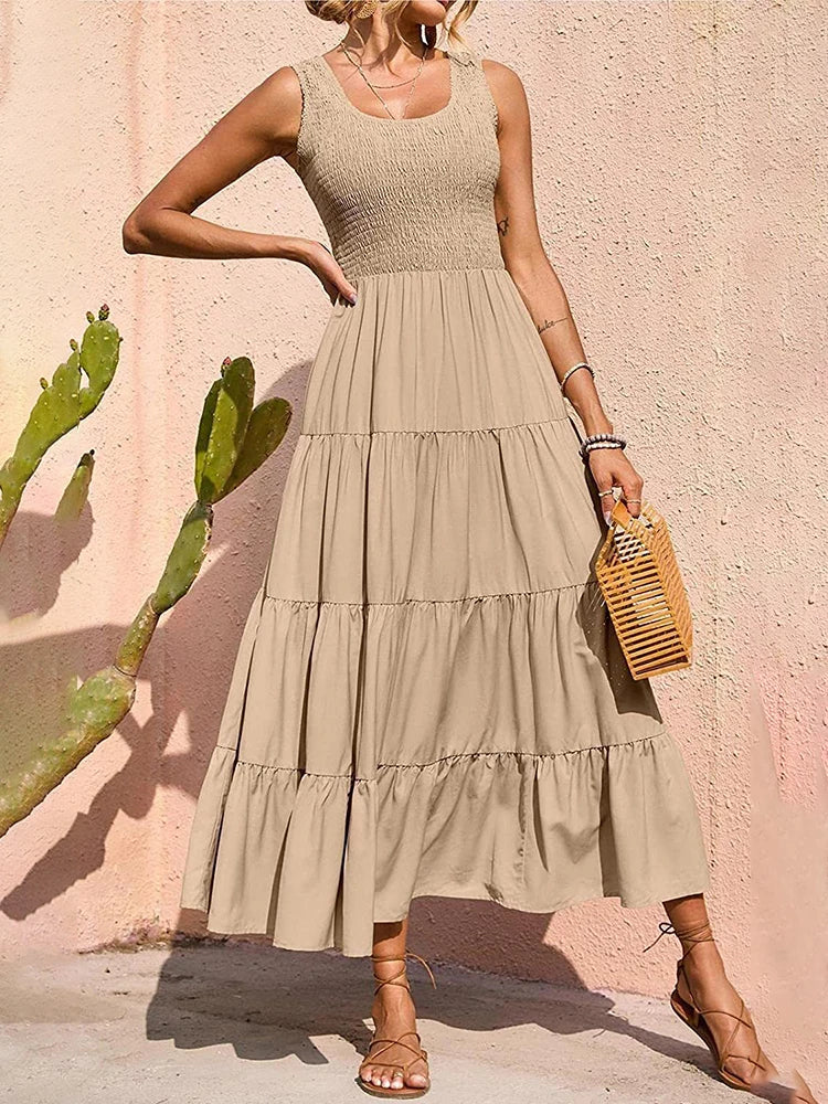 Elegant Sleeveless Summer Long Dress - Solid Colour Elastic Waist Beach Party Dress