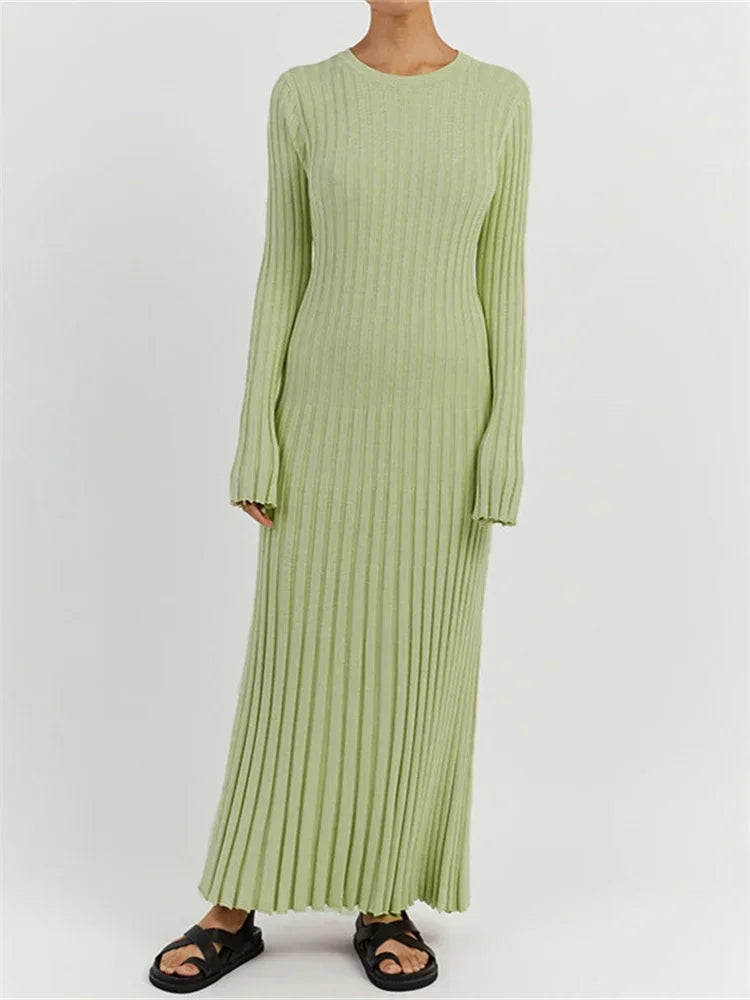 Tossy Lace-Up Knit Maxi Dress - High Waist Patchwork Long Sleeve