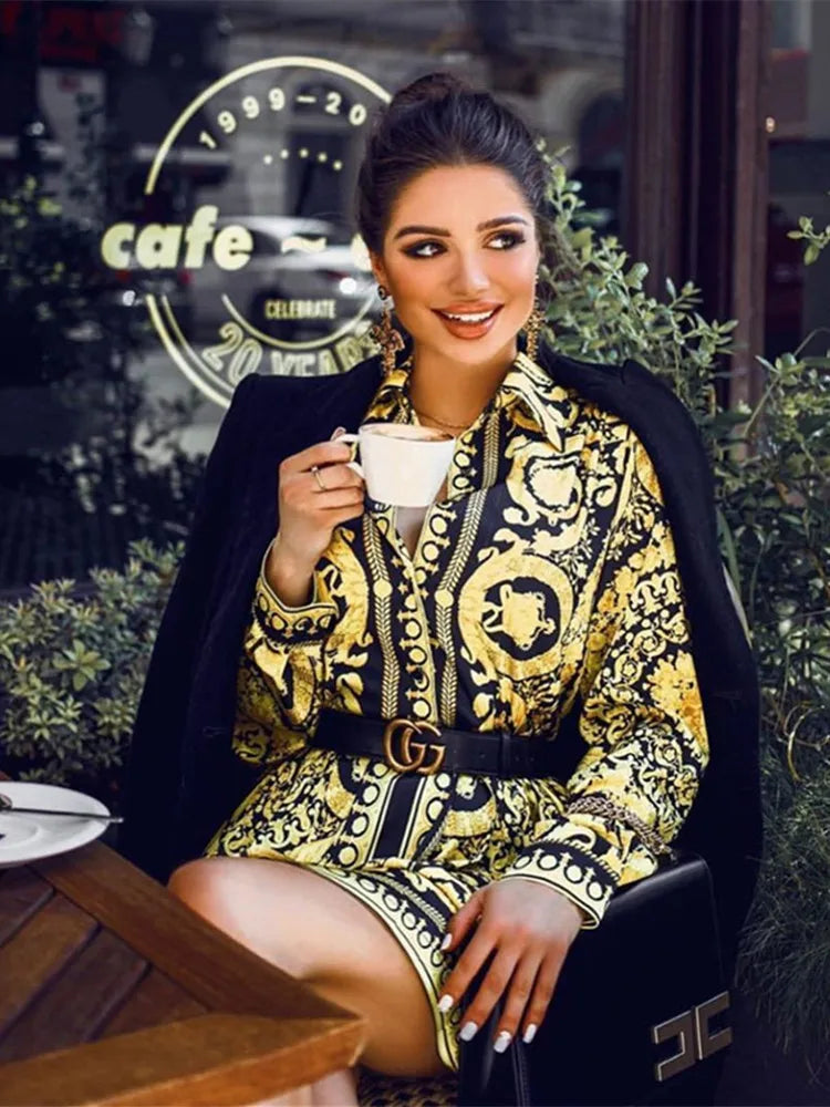 Elegant Printed Shirt Dress - Vintage Long Sleeve Mini Dress