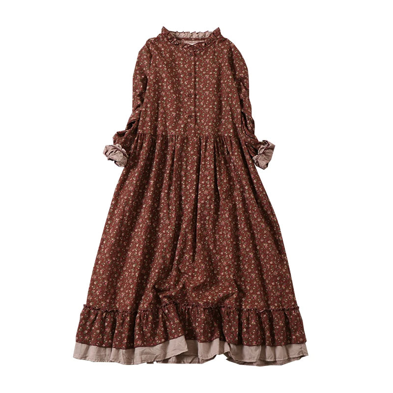 Japanese Mori Girl Vintage Floral Print Cotton Dress - Long Sleeve A-Line Spring Autumn Dress