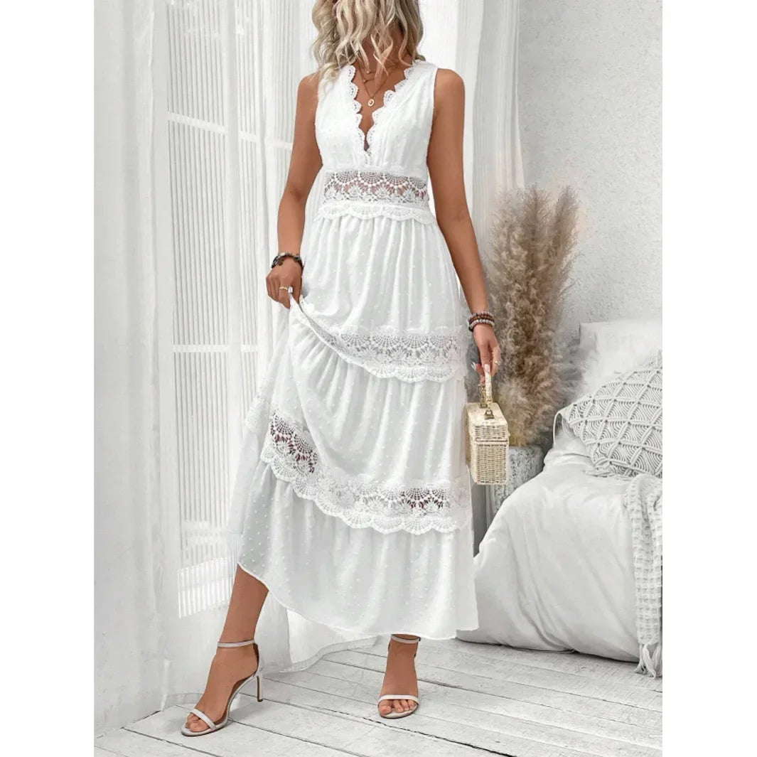 Women's White Lace V-Neck Sleeveless Dress - High Waist Ankle Length Long Dress