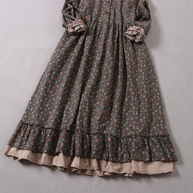 Japanese Mori Girl Vintage Floral Print Cotton Dress - Long Sleeve A-Line Spring Autumn Dress