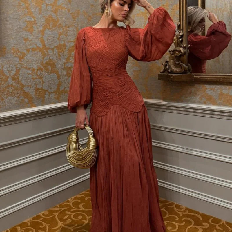 Pleated Lantern Sleeve Maxi Dress - Holiday Beach Style