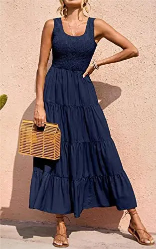 Elegant Sleeveless Summer Long Dress - Solid Colour Elastic Waist Beach Party Dress
