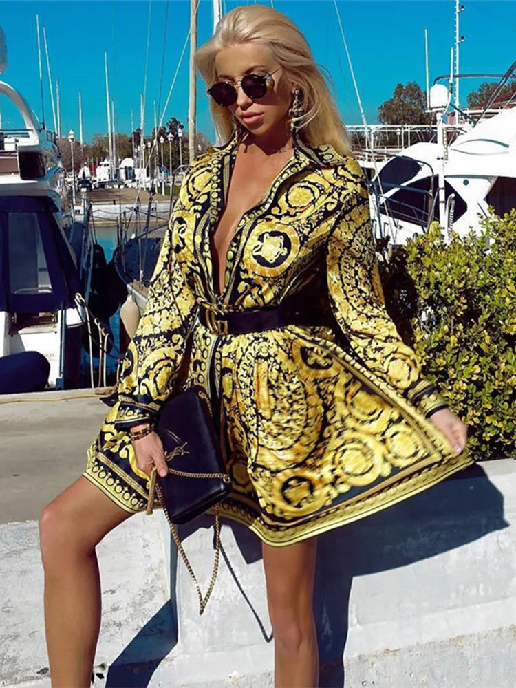Elegant Printed Shirt Dress - Vintage Long Sleeve Mini Dress