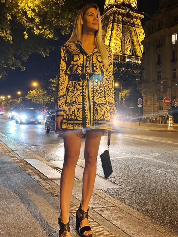 Elegant Printed Shirt Dress - Vintage Long Sleeve Mini Dress