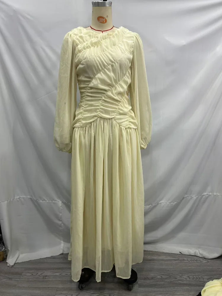Pleated Lantern Sleeve Maxi Dress - Holiday Beach Style