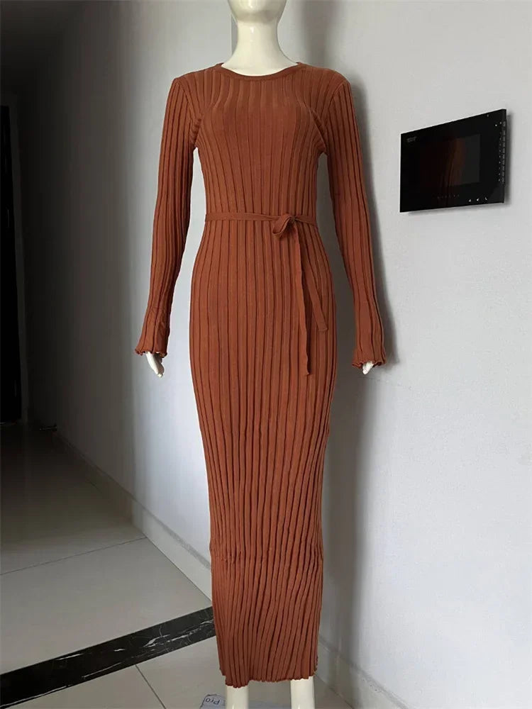 Tossy Lace-Up Knit Maxi Dress - High Waist Patchwork Long Sleeve