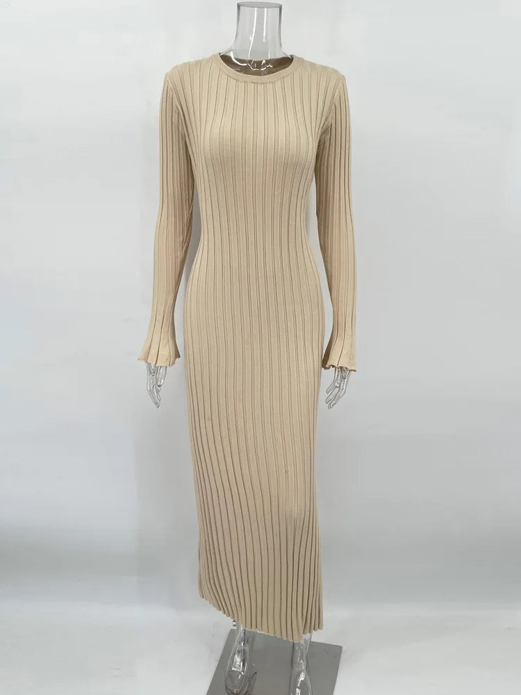 Tossy Lace-Up Knit Maxi Dress - High Waist Patchwork Long Sleeve