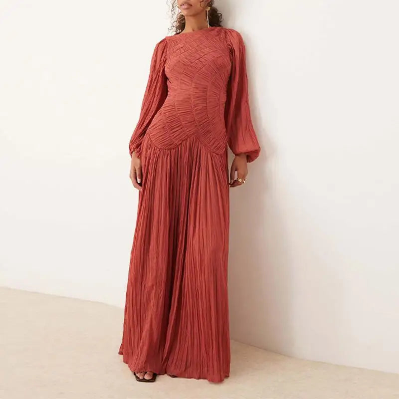 Pleated Lantern Sleeve Maxi Dress - Holiday Beach Style