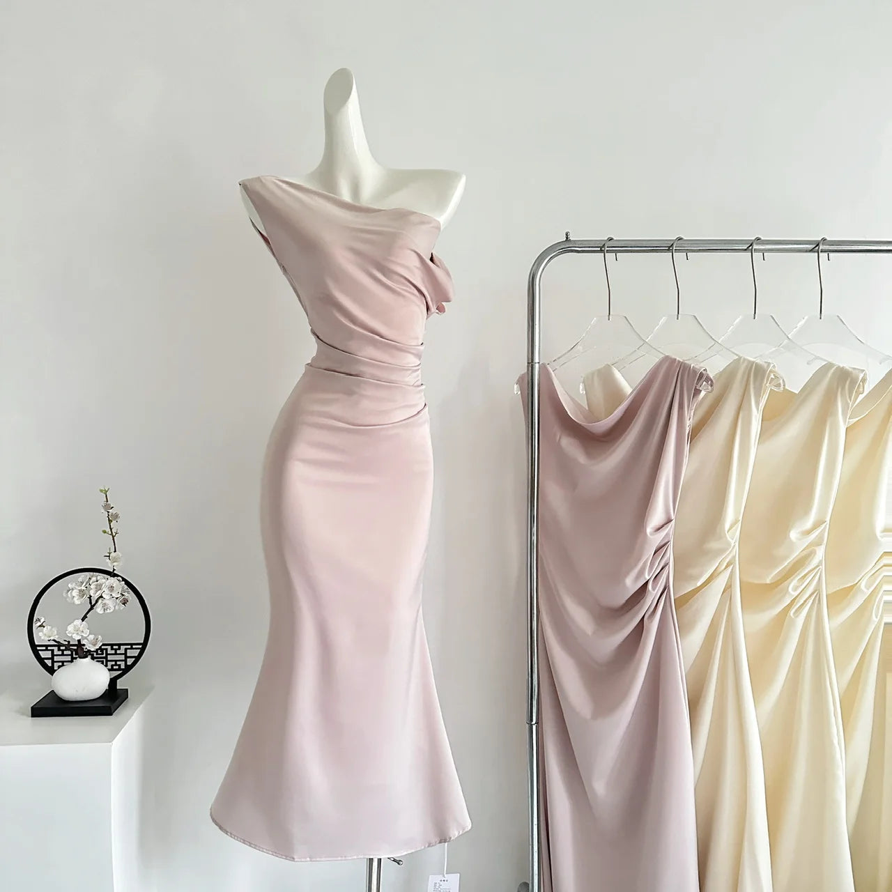 French Summer Slim Dress - Elegant Sleeveless One Shoulder Evening Party Dress
