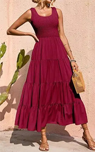 Elegant Sleeveless Summer Long Dress - Solid Colour Elastic Waist Beach Party Dress