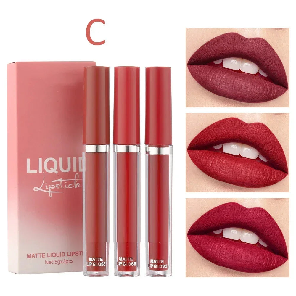 3-Piece Velvet Matte Liquid Lipstick Set - Waterproof Long-Wear