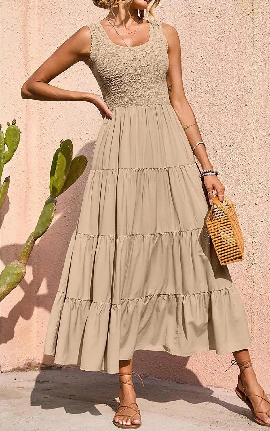 Elegant Sleeveless Summer Long Dress - Solid Colour Elastic Waist Beach Party Dress
