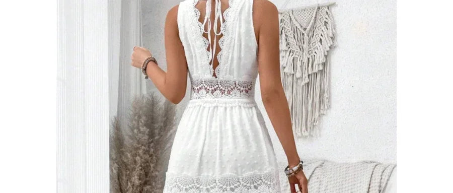 Women's White Lace V-Neck Sleeveless Dress - High Waist Ankle Length Long Dress