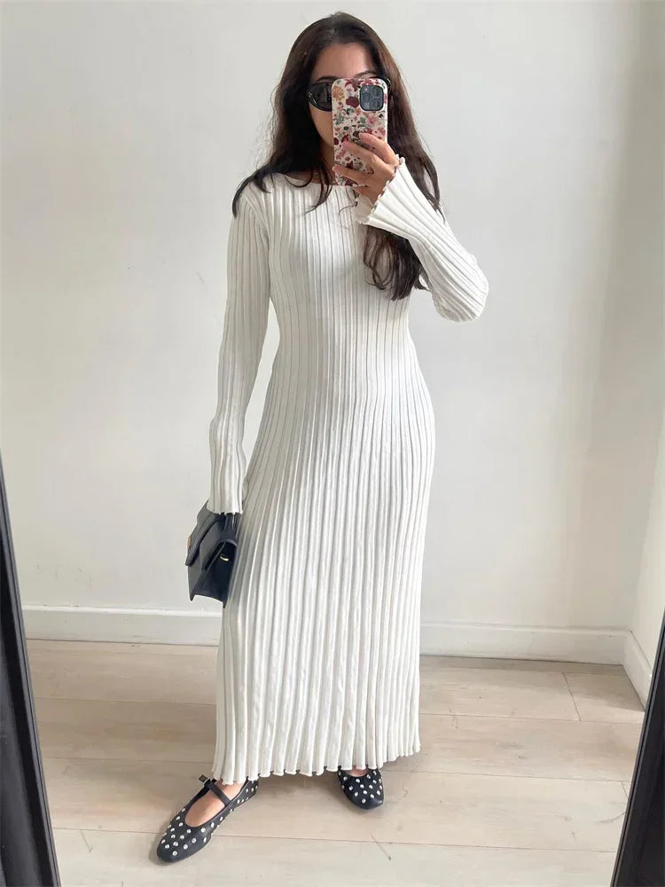 Tossy Lace-Up Knit Maxi Dress - High Waist Patchwork Long Sleeve