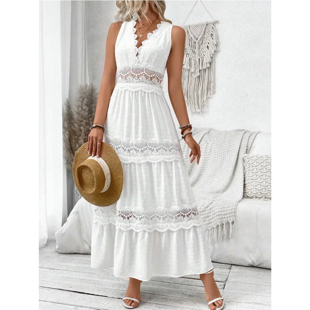 Women's White Lace V-Neck Sleeveless Dress - High Waist Ankle Length Long Dress