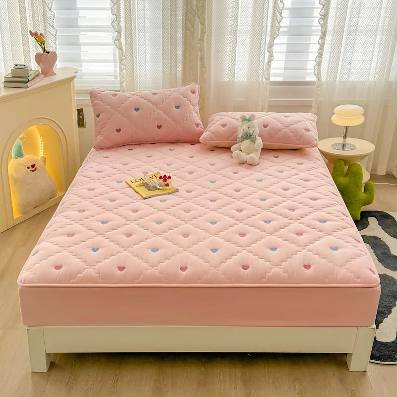 Bonenjoy Bed Cover Embroidered Mattress Cover Quilted Bed Linen Thickened Fitted Sheet Home Bedspread 매트리스커버 (No Pillowcase)
