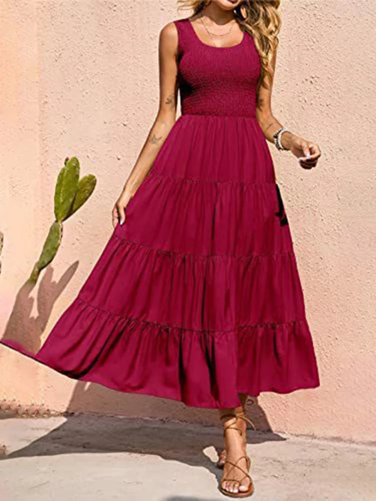 Elegant Sleeveless Summer Long Dress - Solid Colour Elastic Waist Beach Party Dress