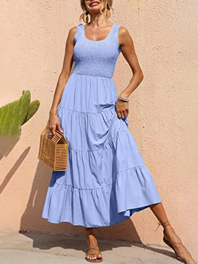 Elegant Sleeveless Summer Long Dress - Solid Colour Elastic Waist Beach Party Dress