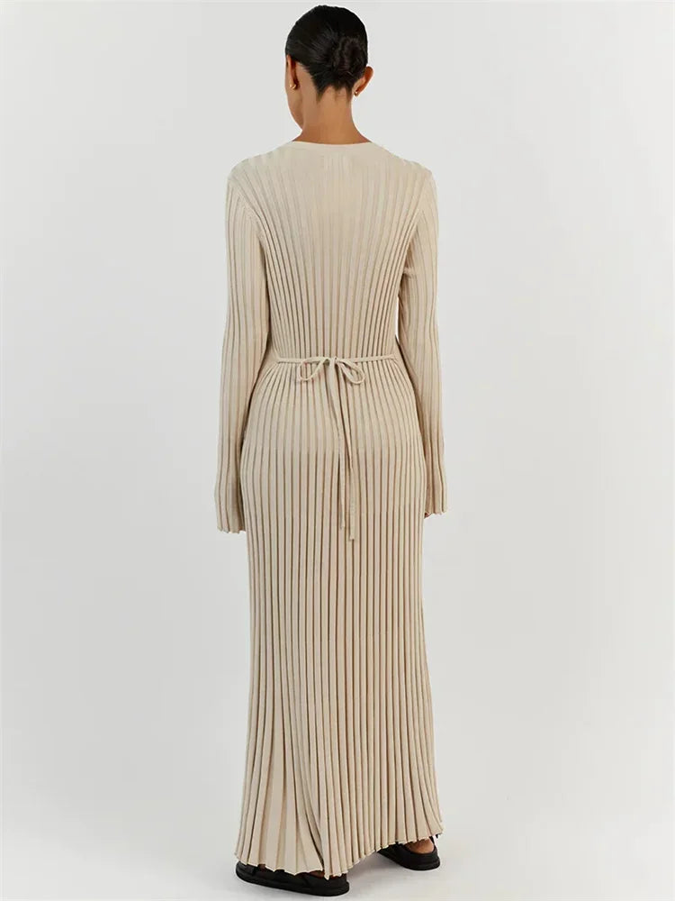 Tossy Lace-Up Knit Maxi Dress - High Waist Patchwork Long Sleeve
