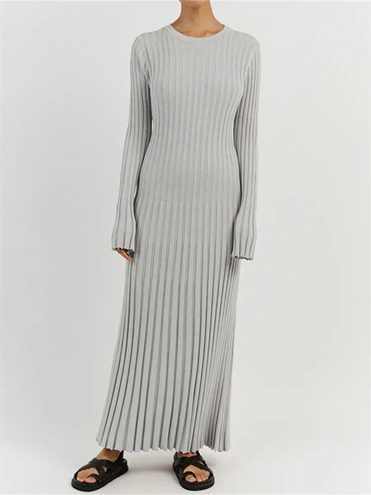 Tossy Lace-Up Knit Maxi Dress - High Waist Patchwork Long Sleeve