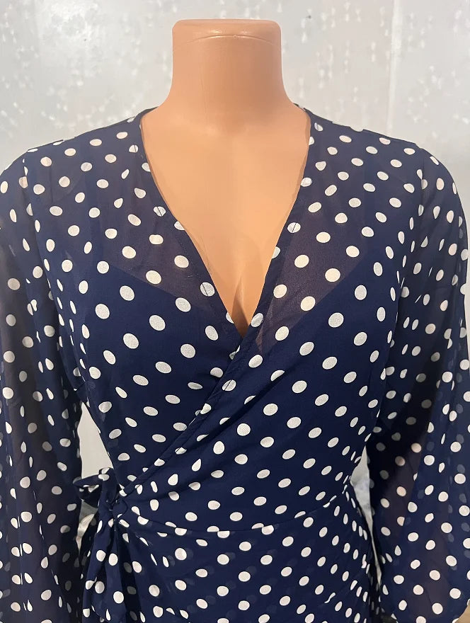 Wave Dot Print Long Dress - V-Neck Long Sleeve with Irregular Hem