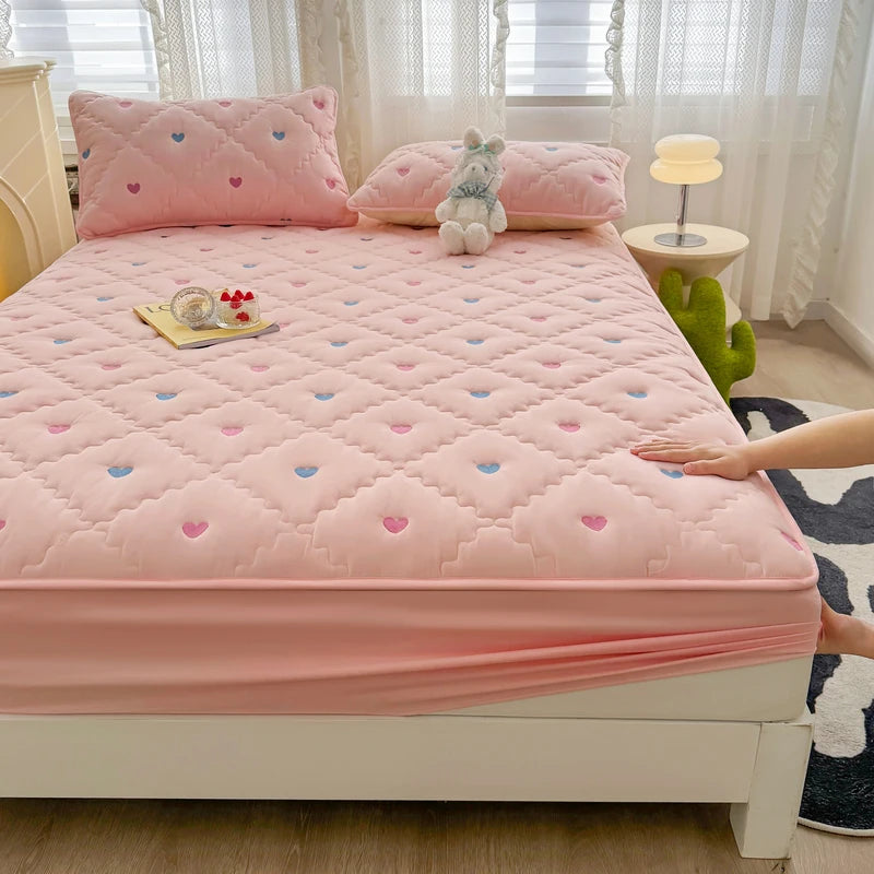 Bonenjoy Bed Cover Embroidered Mattress Cover Quilted Bed Linen Thickened Fitted Sheet Home Bedspread 매트리스커버 (No Pillowcase)