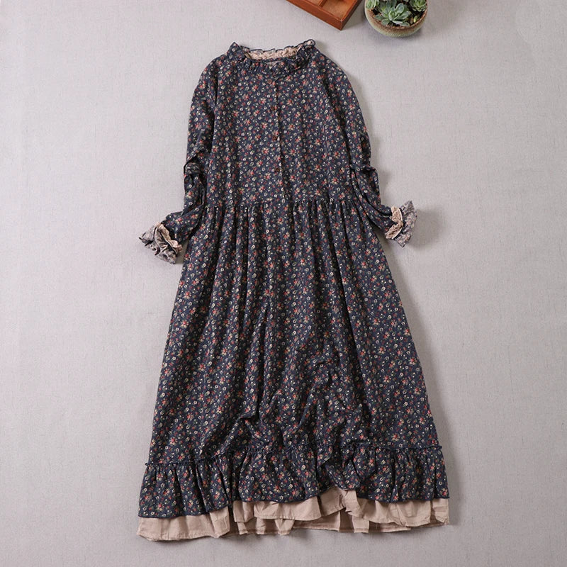 Japanese Mori Girl Vintage Floral Print Cotton Dress - Long Sleeve A-Line Spring Autumn Dress