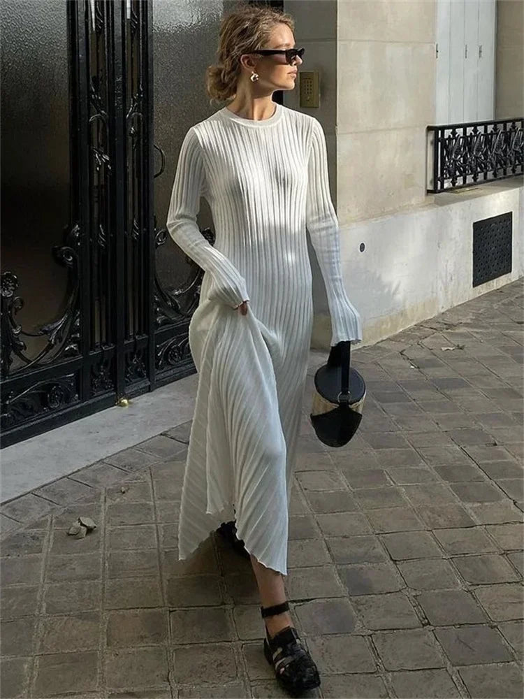 Tossy Lace-Up Knit Maxi Dress - High Waist Patchwork Long Sleeve