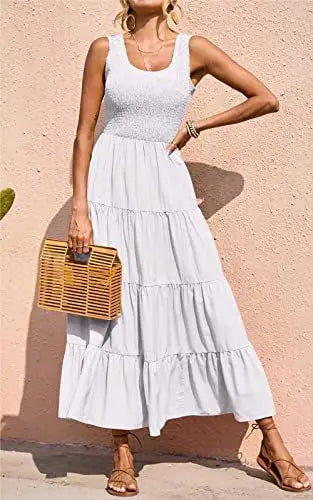 Elegant Sleeveless Summer Long Dress - Solid Colour Elastic Waist Beach Party Dress